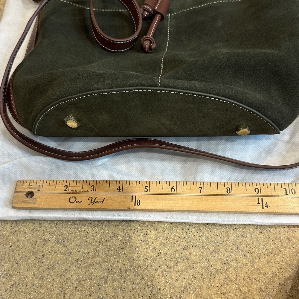 J McLaughlin Olive Suede Crossbody Bucket Bag. - Picture 7 of 9